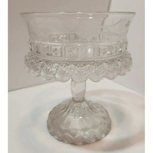 Dalzell Gilmore & Leighton EAPG Glass Compote Pedestal Starred Block Etched
